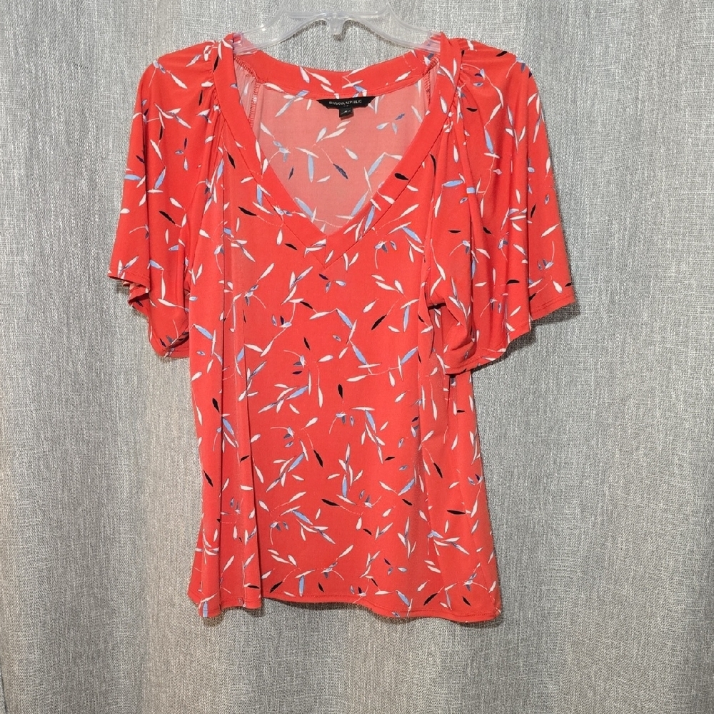 Banana Republic Women's Top Orange with Blue/White Feathers Size Small